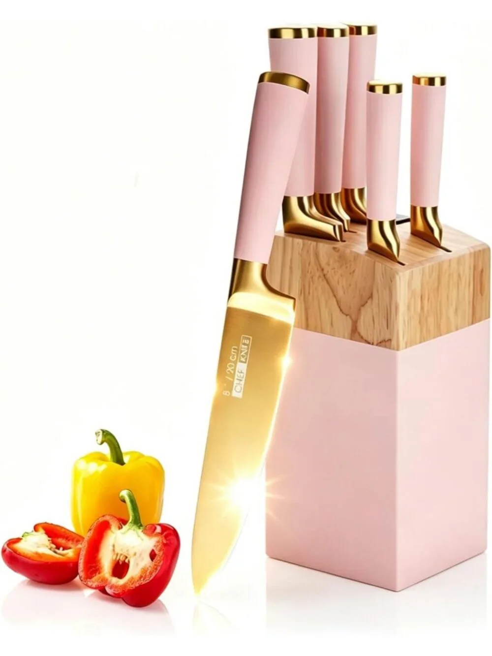 Aesthetic Gold & Pink Kitchen Knife Set with Wooden Block & Sharpener - Cute